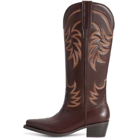 ⚡Women's Brown Knee High Chunky Heel Pointed Toe Wide Calf Pull On Embroidered - Picture 2 of 5